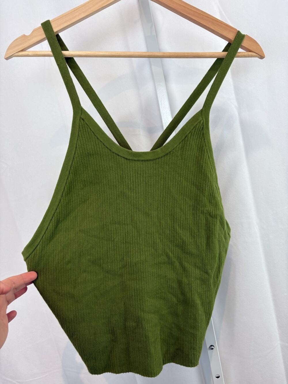 GOOD AMERICAN Size 7 8 Cropped Sweater Tank Top Ribbed Cotton Blend Pesto Green